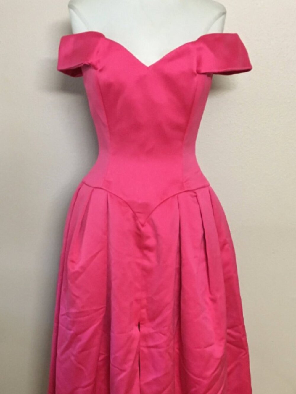 Vintage Hot Bright Pink Off shoulder slit Victor Costa Satin Gown Formal Dress